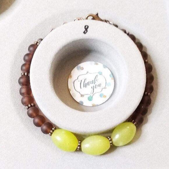 Green Jade + Dark Brown Recycled Glass Beads! Adjustable Bracelet for 7-8" Wrist - Picture 8 of 8
